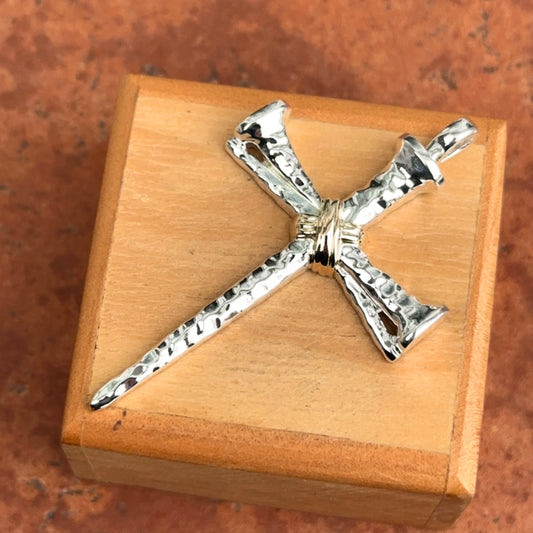 14KT Yellow Gold + White Gold Shiny Nail Cross Pendant