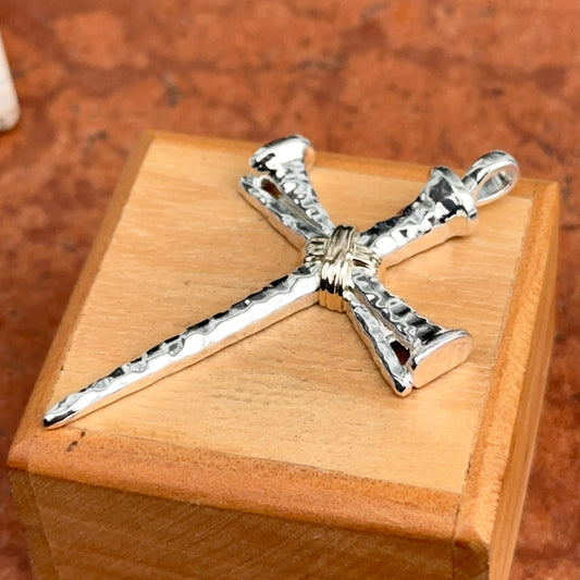 14KT Yellow Gold + White Gold Shiny Nail Cross Pendant