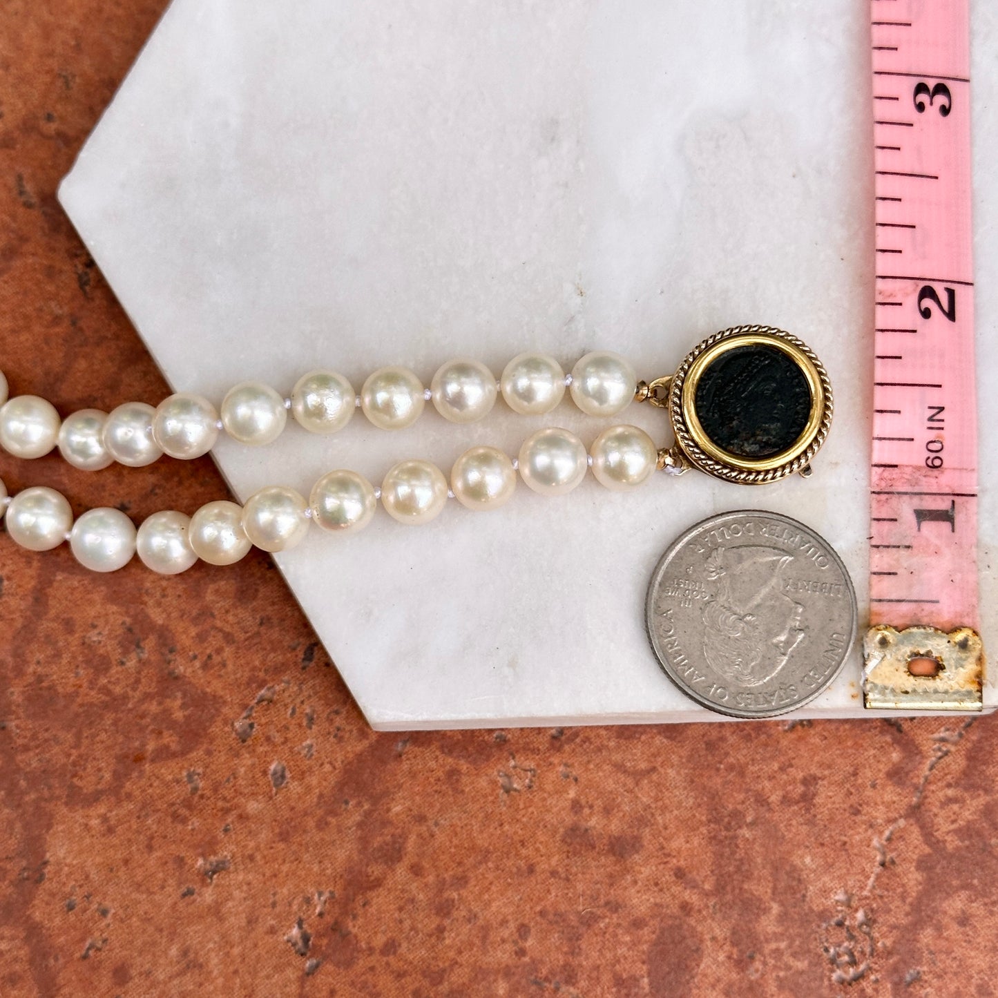 Estate 18KT-14KT Yellow Gold Two Strand Cultured Pearl Bracelet + Roman Coin