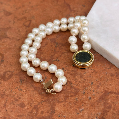 Estate 18KT-14KT Yellow Gold Two Strand Cultured Pearl Bracelet + Roman Coin