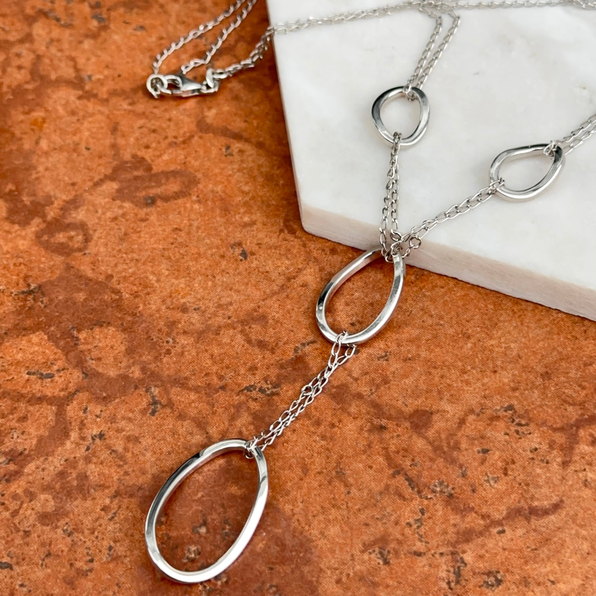 Sterling Silver Double Chain Large Oval Drop Necklace 18'' - LSJ