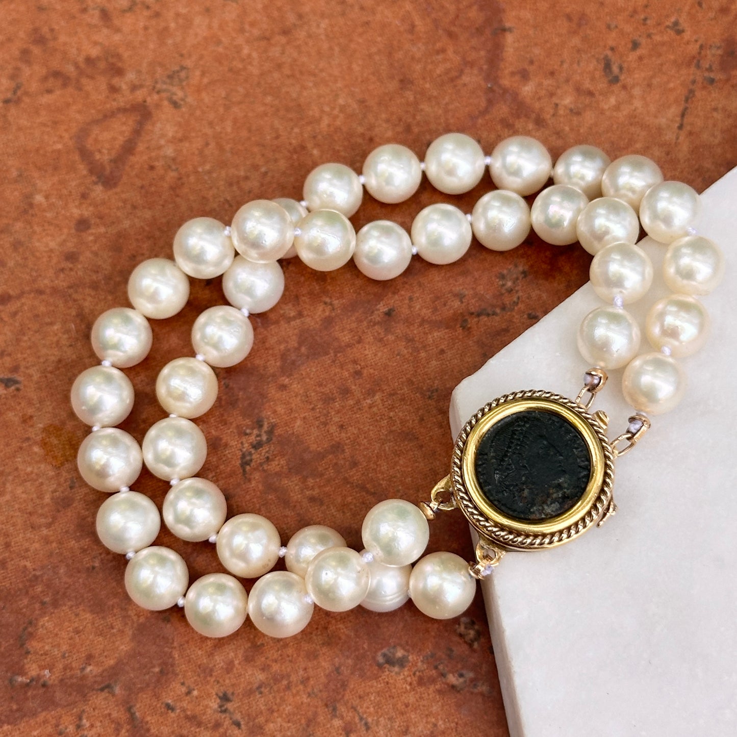 Estate 18KT-14KT Yellow Gold Two Strand Cultured Pearl Bracelet + Roman Coin