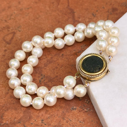 Estate 18KT-14KT Yellow Gold Two Strand Cultured Pearl Bracelet + Roman Coin