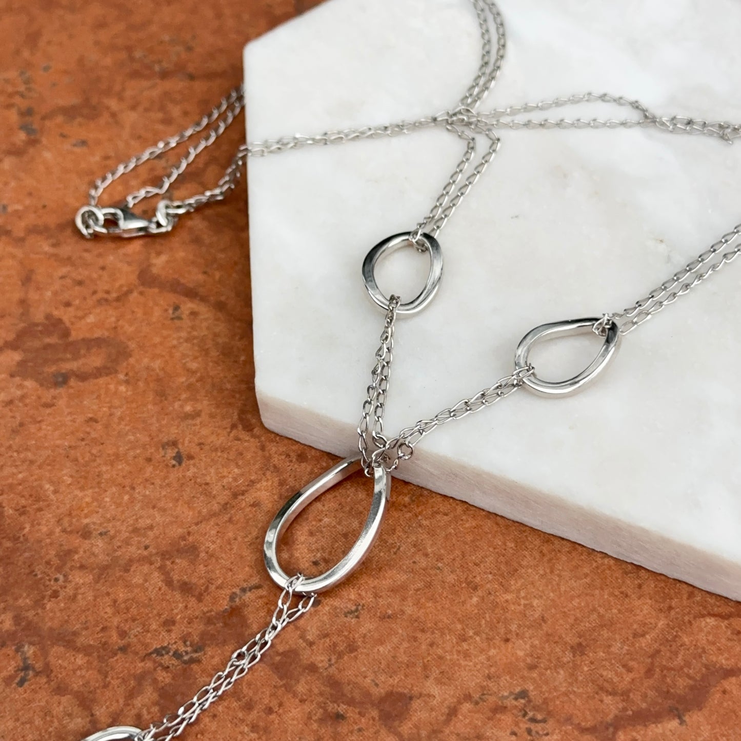 Sterling Silver Double Chain Large Oval Drop Necklace 18'' - LSJ