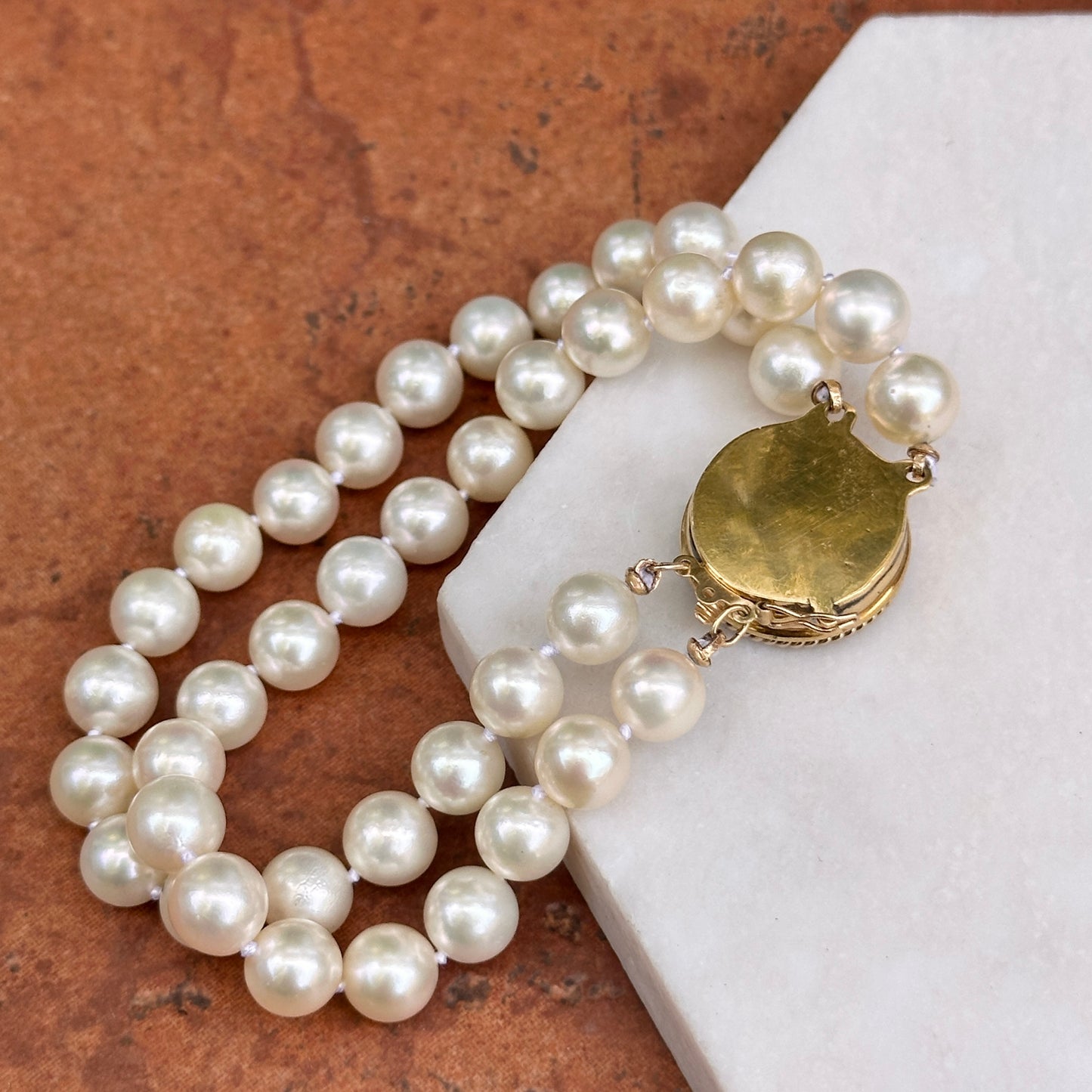 Estate 18KT-14KT Yellow Gold Two Strand Cultured Pearl Bracelet + Roman Coin
