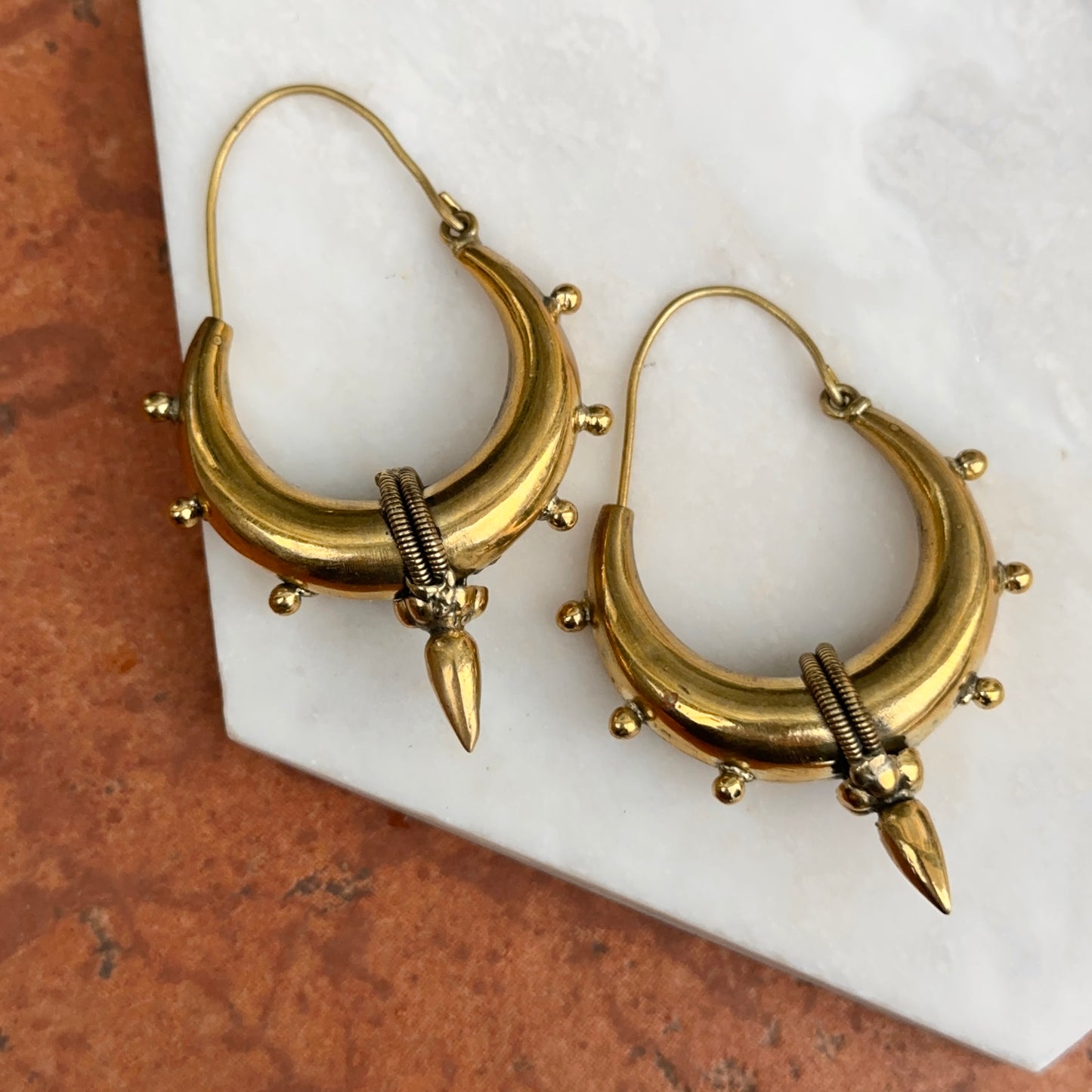Estate Large Brass Tribal Bali Hollow Hoop Wire Earrings