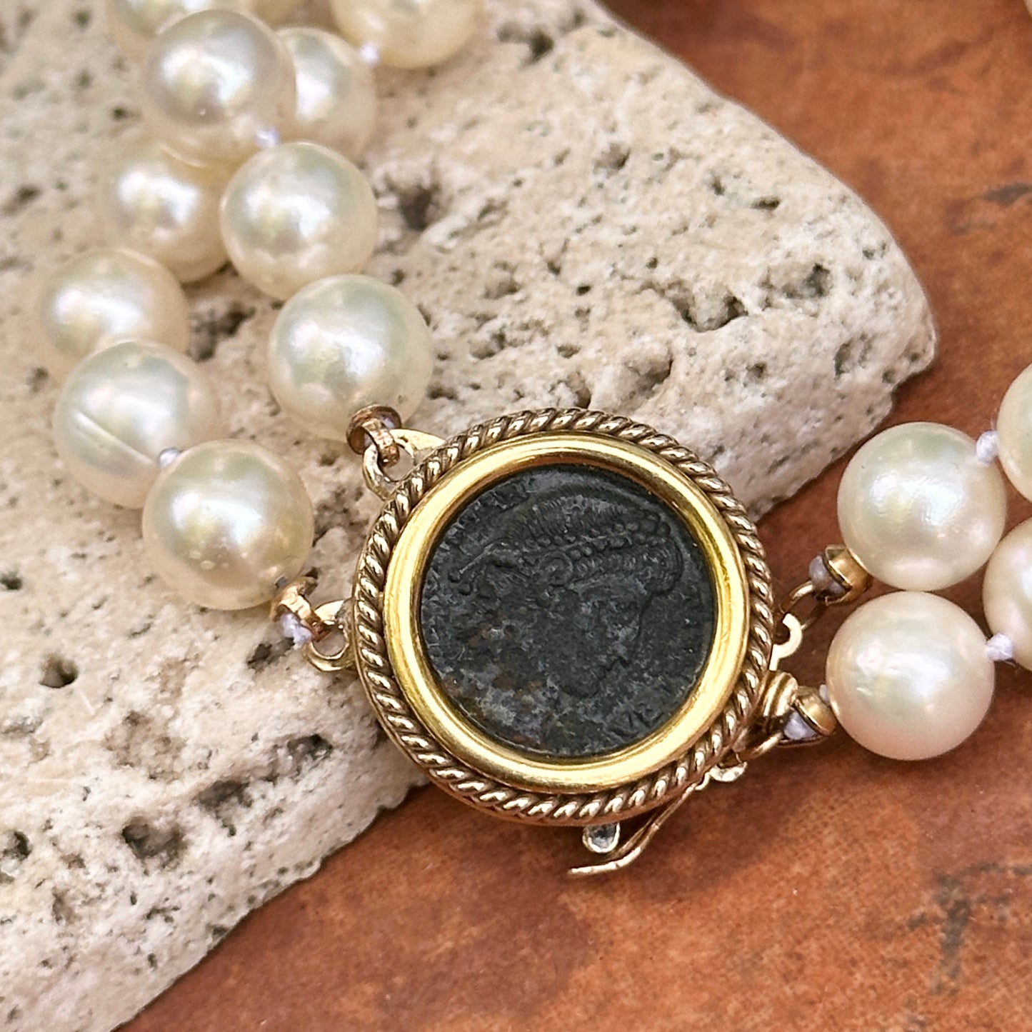 Estate 18KT-14KT Yellow Gold Two Strand Cultured Pearl Bracelet + Roman Coin