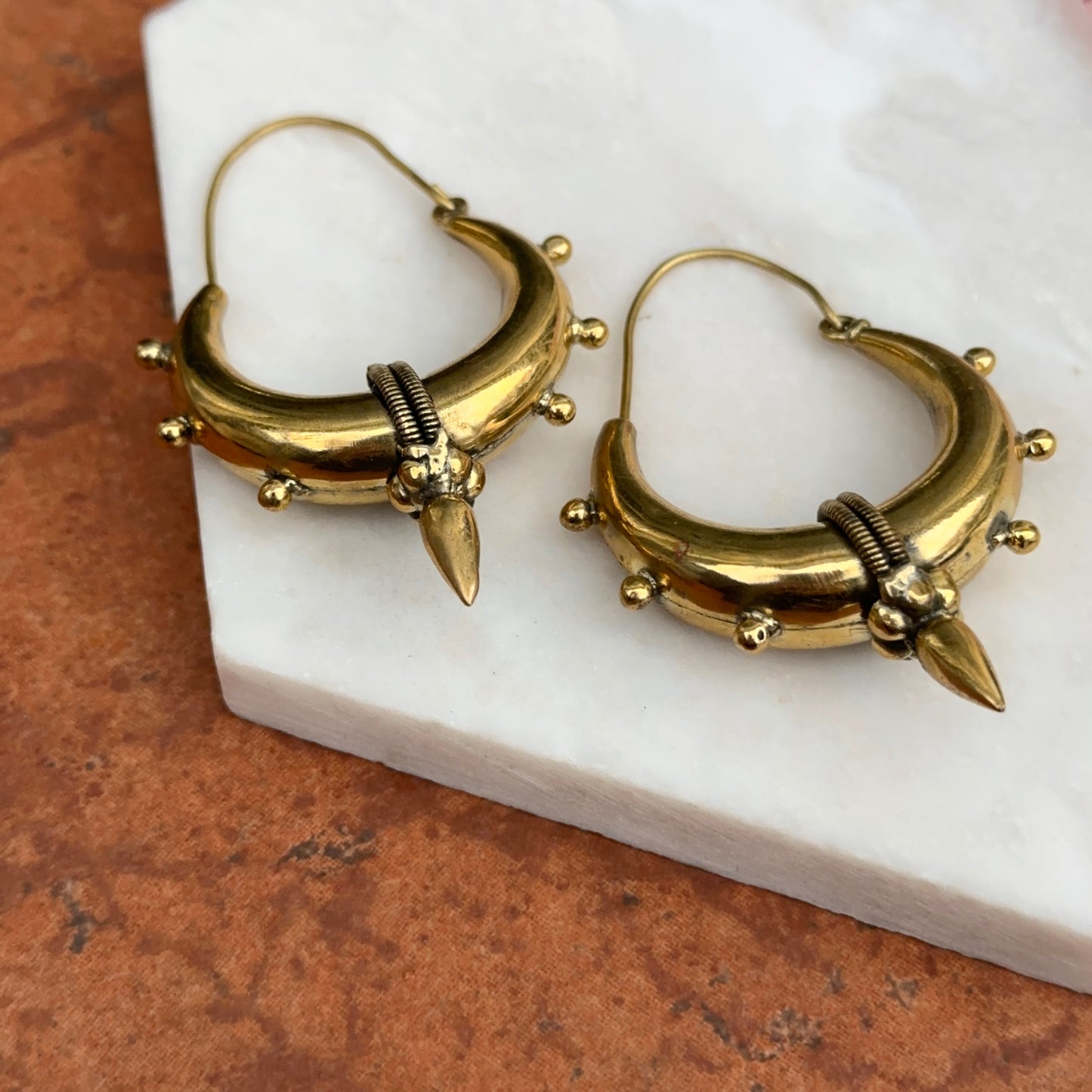 Estate Large Brass Tribal Bali Hollow Hoop Wire Earrings