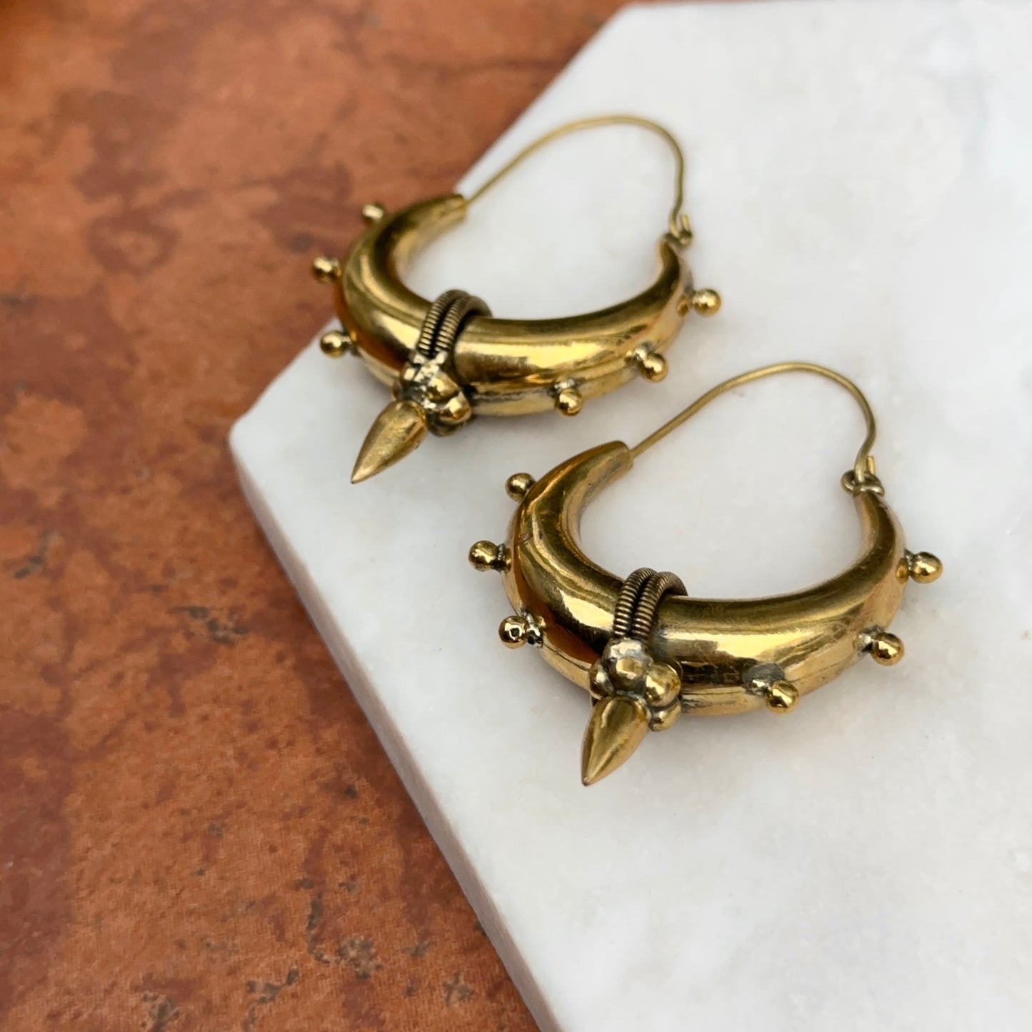 Estate Large Brass Tribal Bali Hollow Hoop Wire Earrings