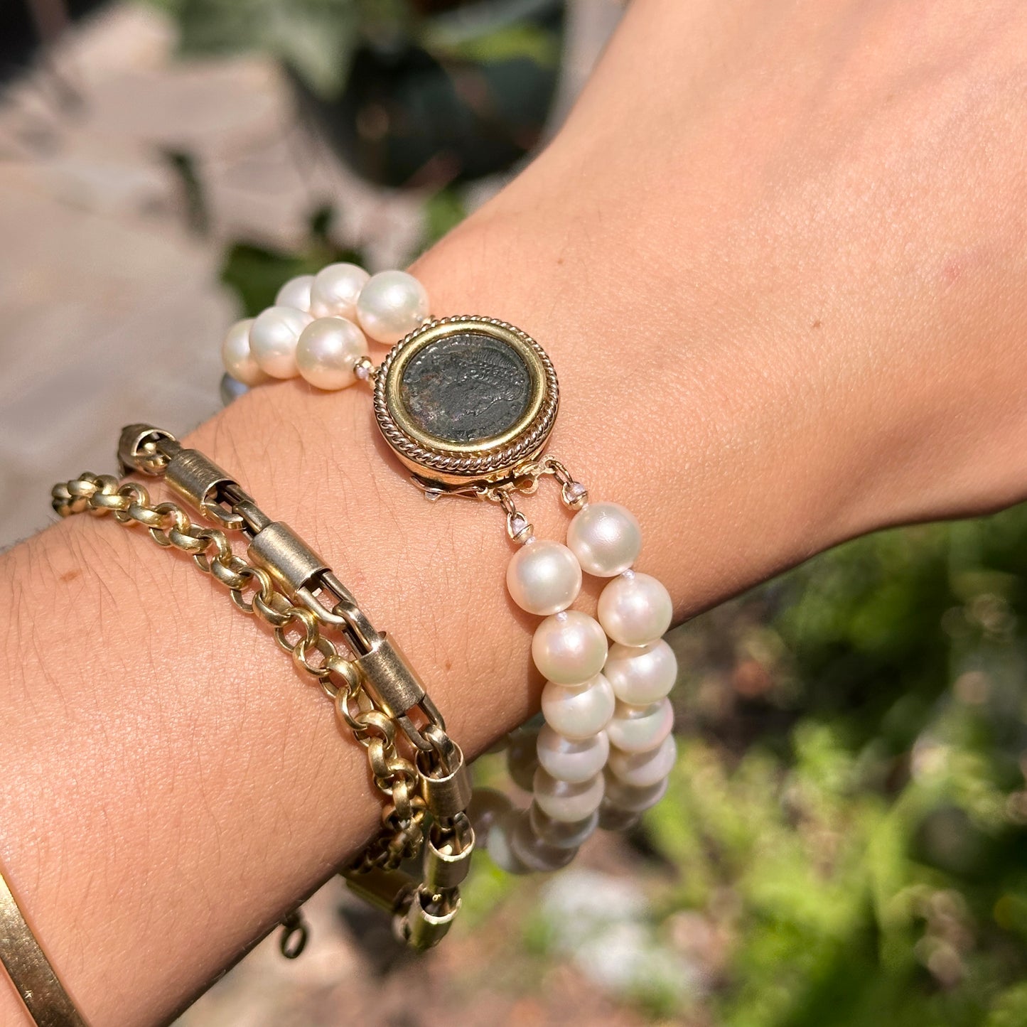 Estate 18KT-14KT Yellow Gold Two Strand Cultured Pearl Bracelet + Roman Coin