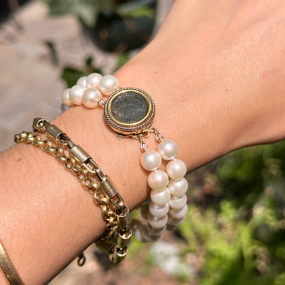 Estate 18KT-14KT Yellow Gold Two Strand Cultured Pearl Bracelet + Roman Coin
