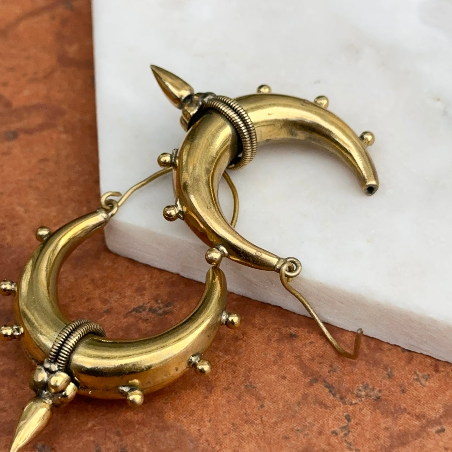 Estate Large Brass Tribal Bali Hollow Hoop Wire Earrings