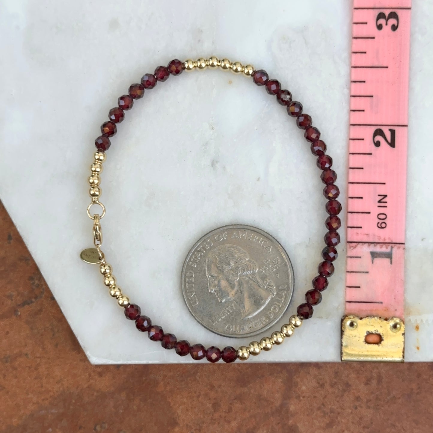 Estate 14KT Yellow Gold Garnet + Gold Bead Bangle Bracelet