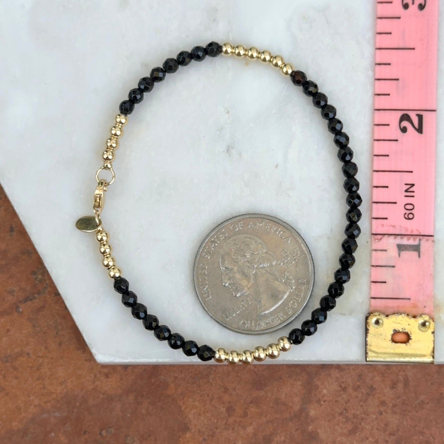 Estate 14KT Yellow Gold Black Onyx + Gold Bead Bangle Bracelet