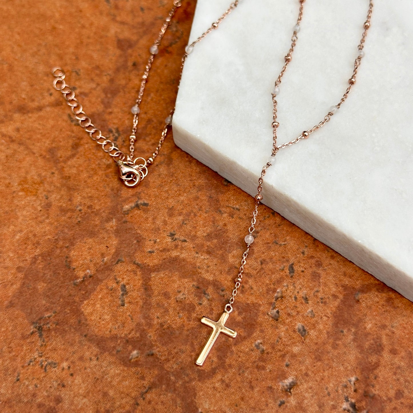 Sterling Silver Rose-Tone Rose Quartz Rosary Beads + Cross Charm Necklace 16~ 18"