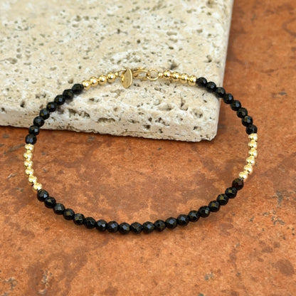 Estate 14KT Yellow Gold Black Onyx + Gold Bead Bangle Bracelet