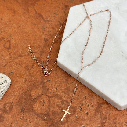 Sterling Silver Rose-Tone Rose Quartz Rosary Beads + Cross Charm Necklace 16~ 18"