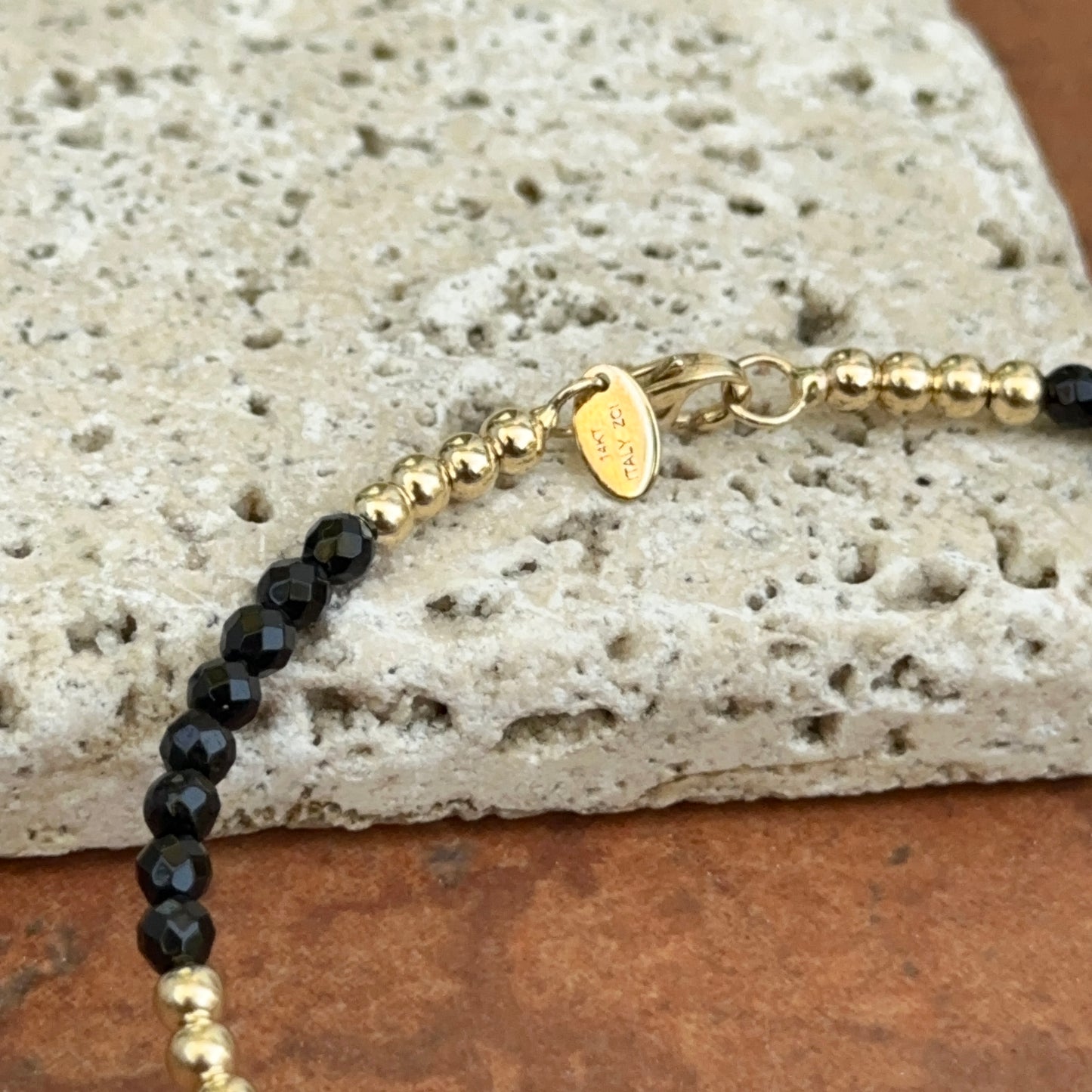 Estate 14KT Yellow Gold Black Onyx + Gold Bead Bangle Bracelet