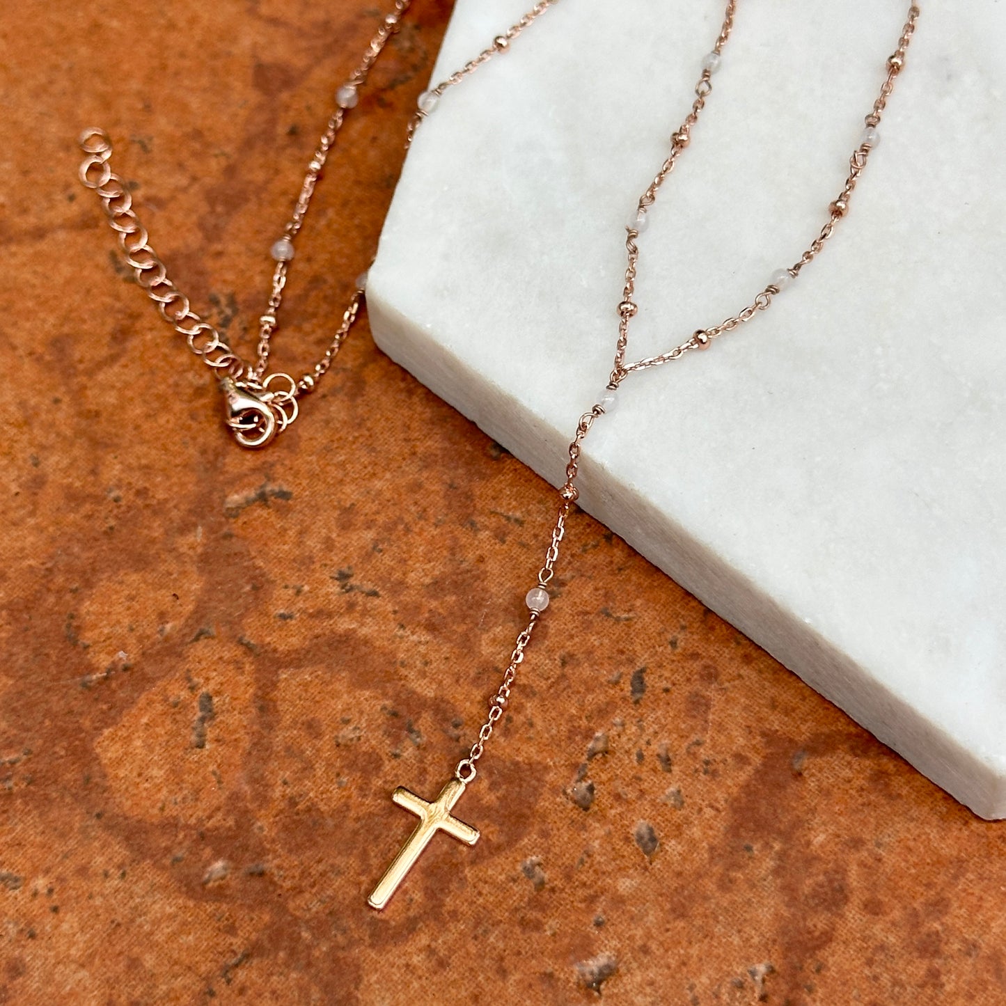 Sterling Silver Rose-Tone Rose Quartz Rosary Beads + Cross Charm Necklace 16~ 18"