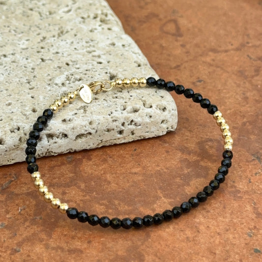 Estate 14KT Yellow Gold Black Onyx + Gold Bead Bangle Bracelet