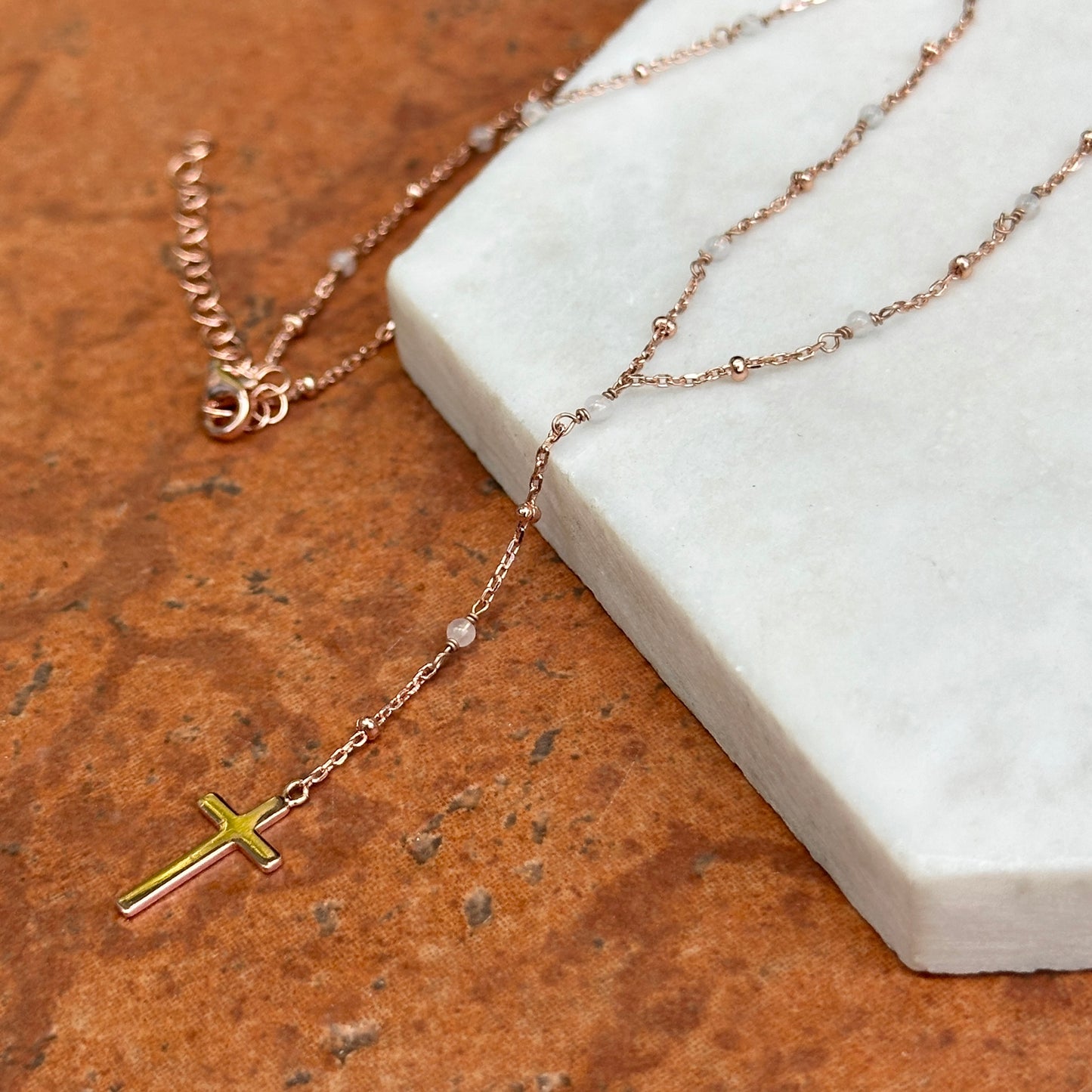 Sterling Silver Rose-Tone Rose Quartz Rosary Beads + Cross Charm Necklace 16~ 18"