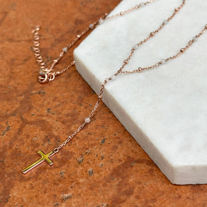Sterling Silver Rose-Tone Rose Quartz Rosary Beads + Cross Charm Necklace 16~ 18"