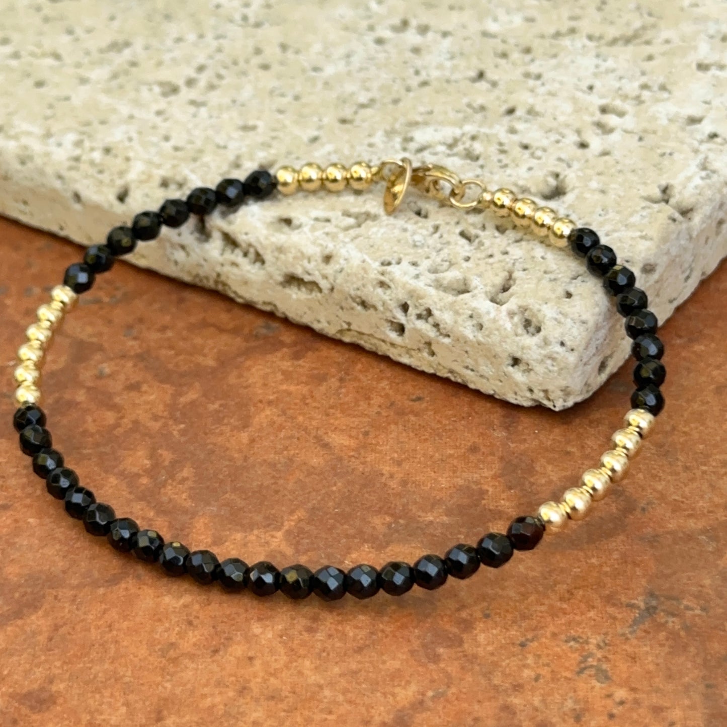 Estate 14KT Yellow Gold Black Onyx + Gold Bead Bangle Bracelet