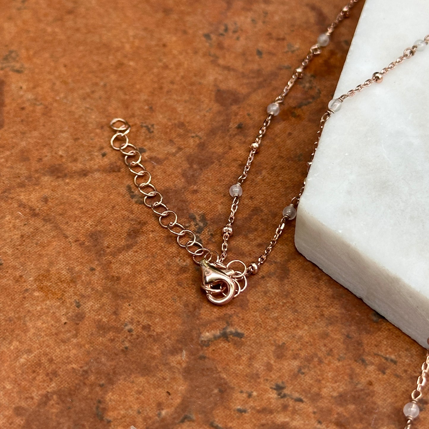 Sterling Silver Rose-Tone Rose Quartz Rosary Beads + Cross Charm Necklace 16~ 18"