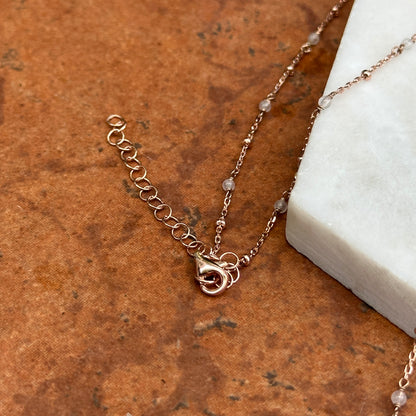 Sterling Silver Rose-Tone Rose Quartz Rosary Beads + Cross Charm Necklace 16~ 18"