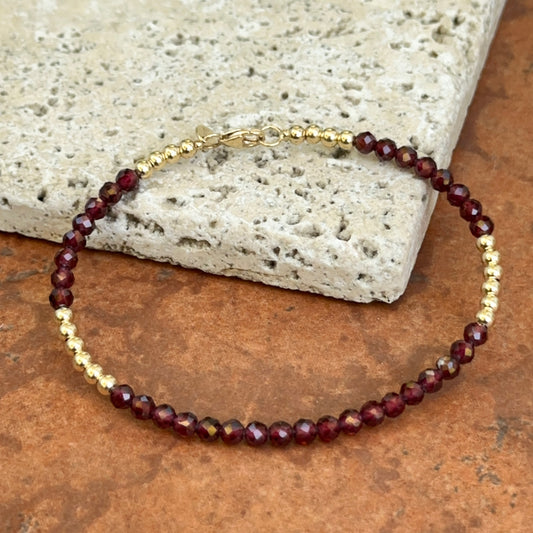 Estate 14KT Yellow Gold Garnet + Gold Bead Bangle Bracelet