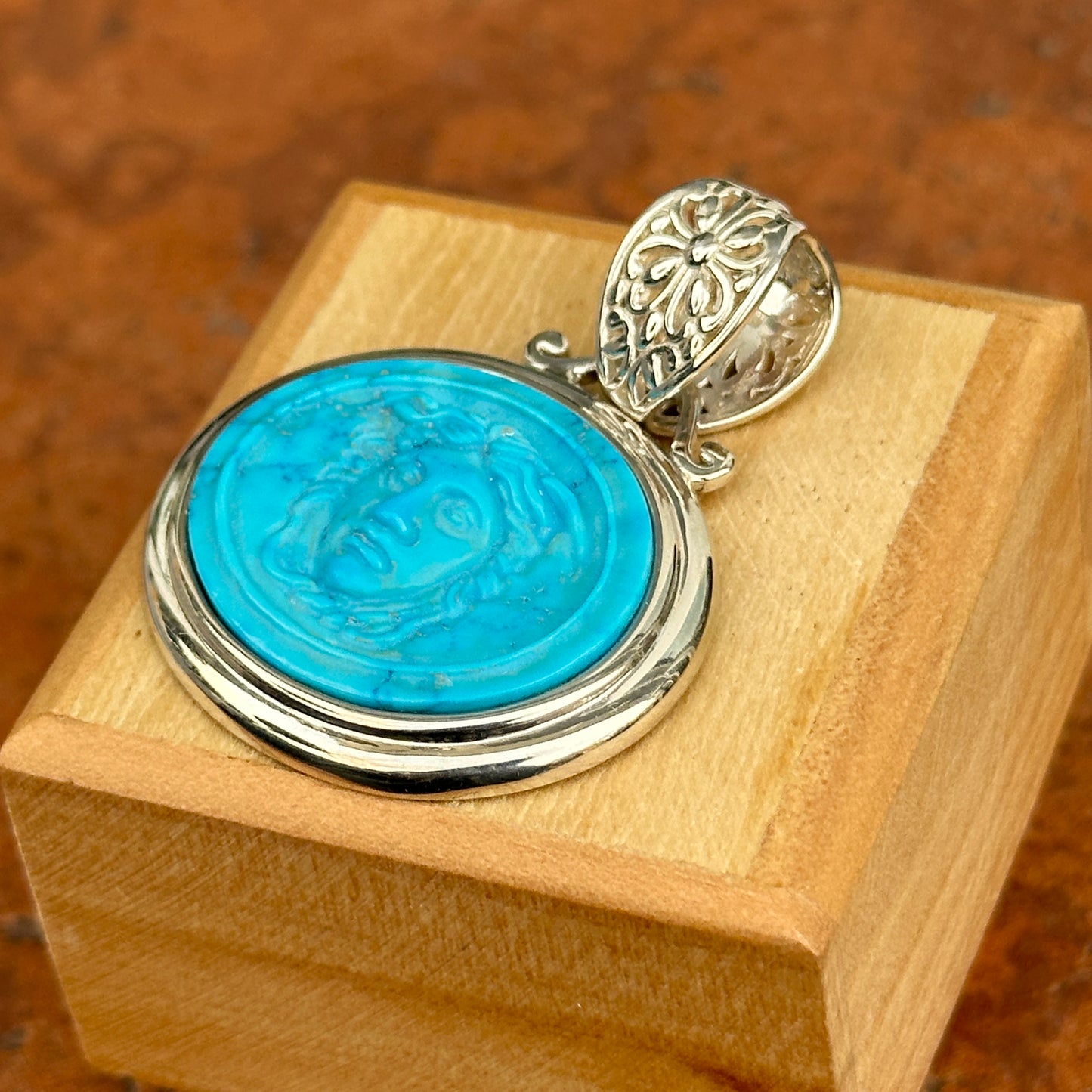 Sterling Silver Carved Turquoise Medusa Head Pendant