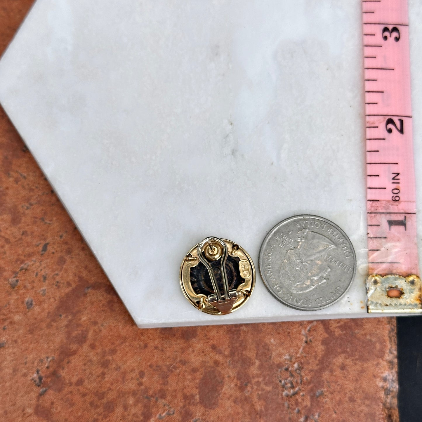 Estate 14KT Yellow Gold Copper Roman Coin Omega Back Earrings