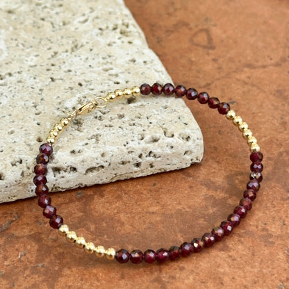 Estate 14KT Yellow Gold Garnet + Gold Bead Bangle Bracelet