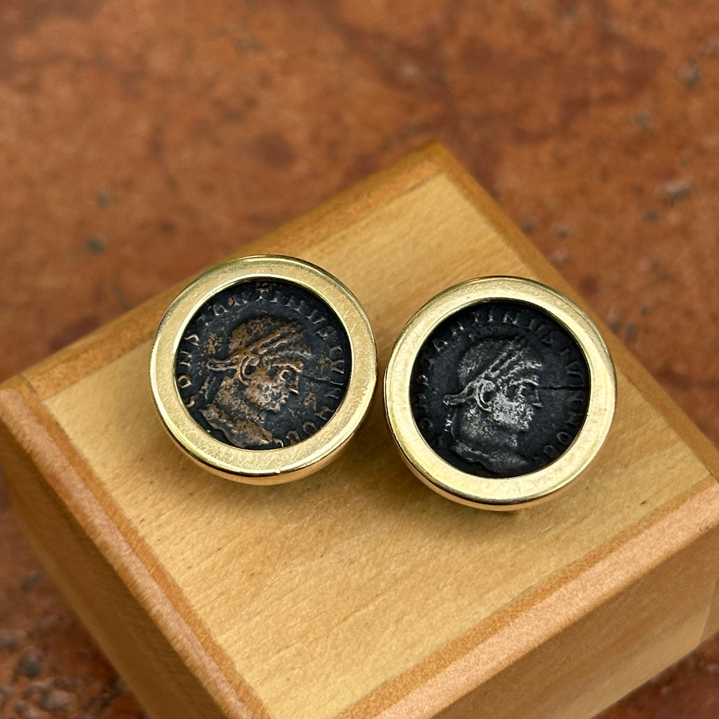 Estate 14KT Yellow Gold Copper Roman Coin Omega Back Earrings