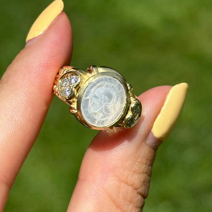 Estate Judith Ripka 18KT Yellow Gold Pearl Intaglio + Diamond Ring