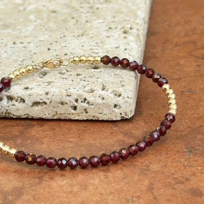 Estate 14KT Yellow Gold Garnet + Gold Bead Bangle Bracelet