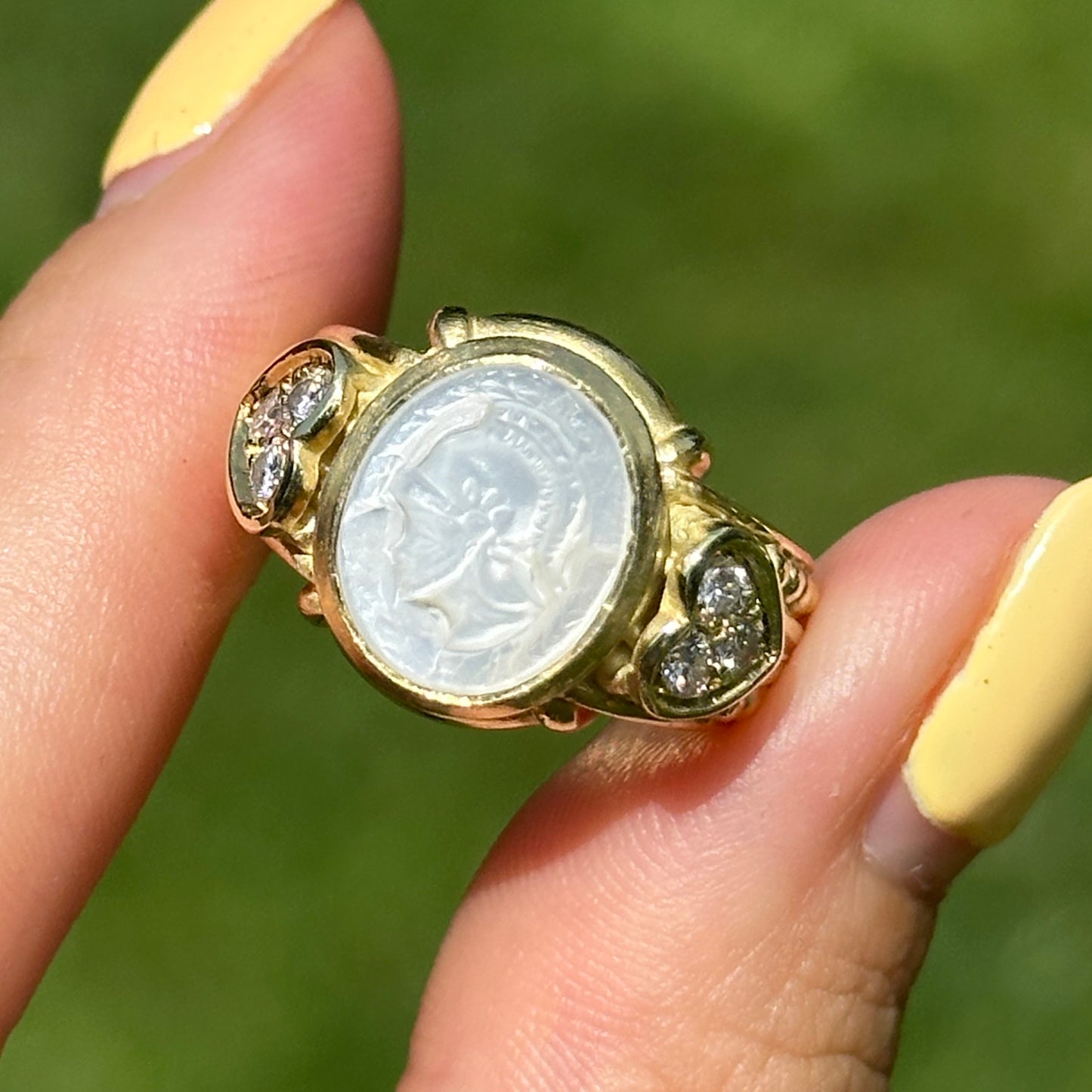 Estate Judith Ripka 18KT Yellow Gold Pearl Intaglio + Diamond Ring