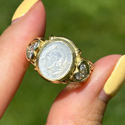Estate Judith Ripka 18KT Yellow Gold Pearl Intaglio + Diamond Ring
