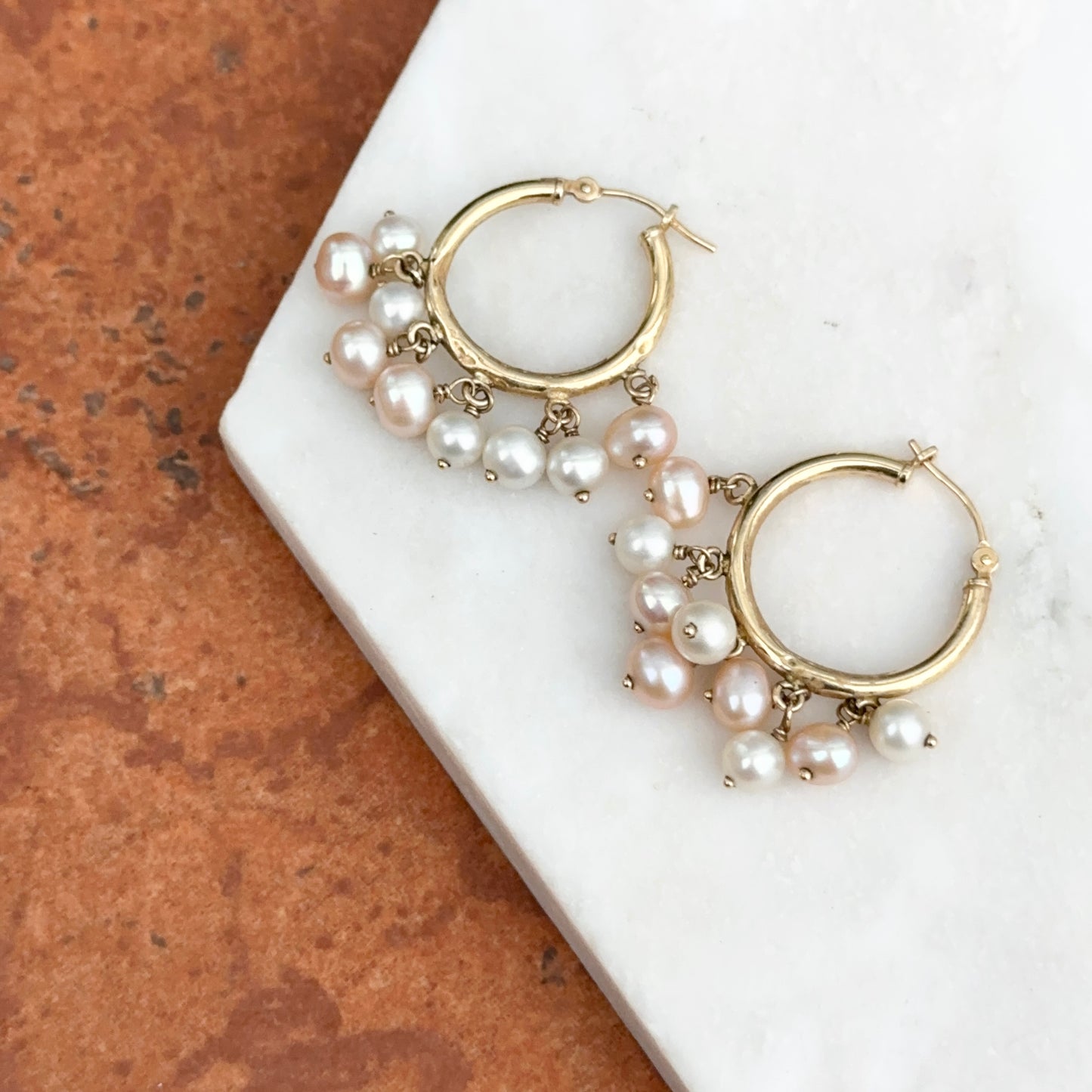 Estate 14KT Yellow Gold Hoop Earrings +  Freshwater Pearl Dangles