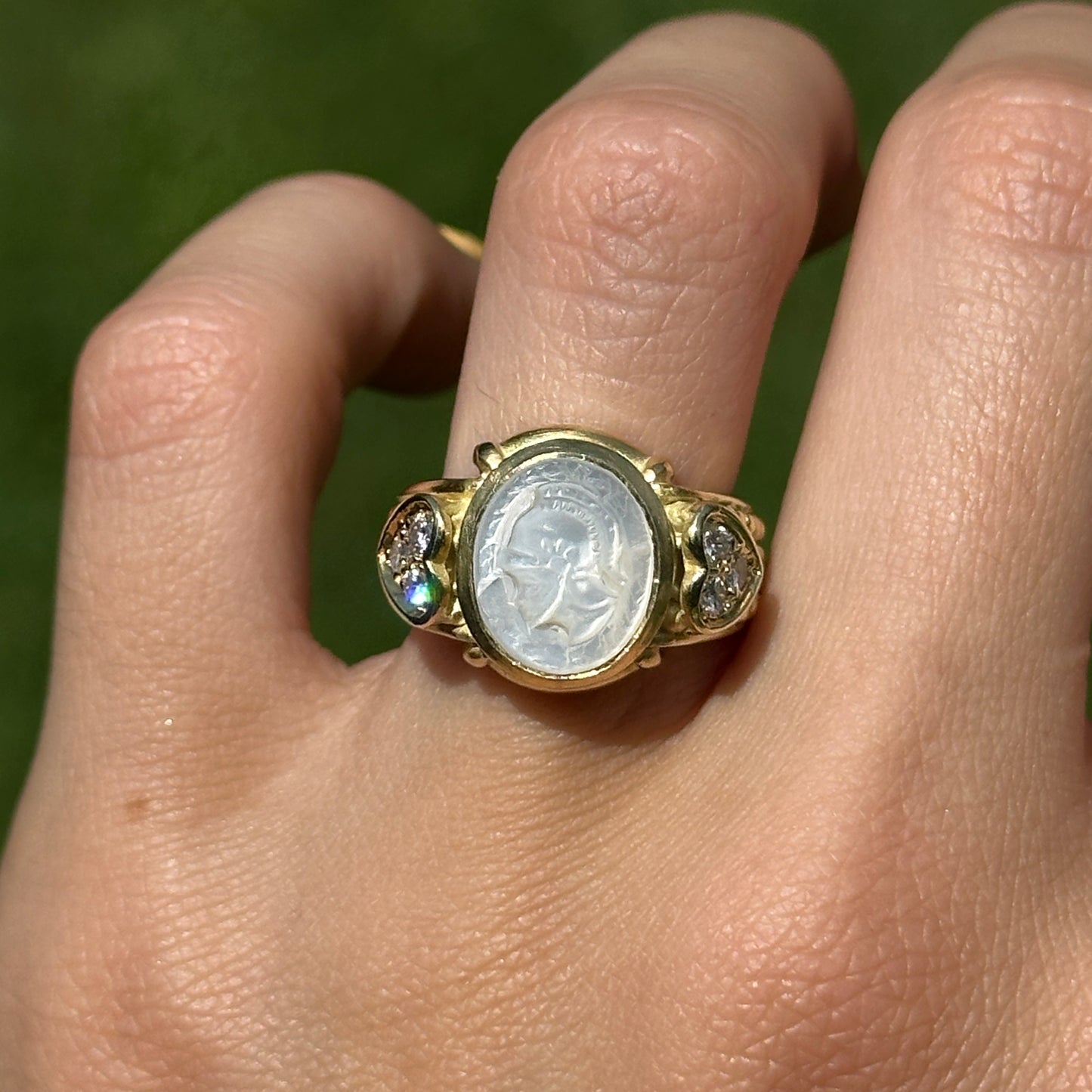 Estate Judith Ripka 18KT Yellow Gold Pearl Intaglio + Diamond Ring