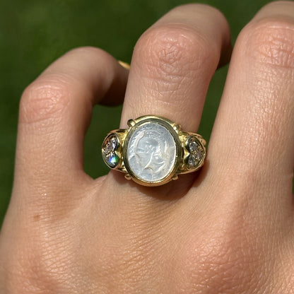 Estate Judith Ripka 18KT Yellow Gold Pearl Intaglio + Diamond Ring