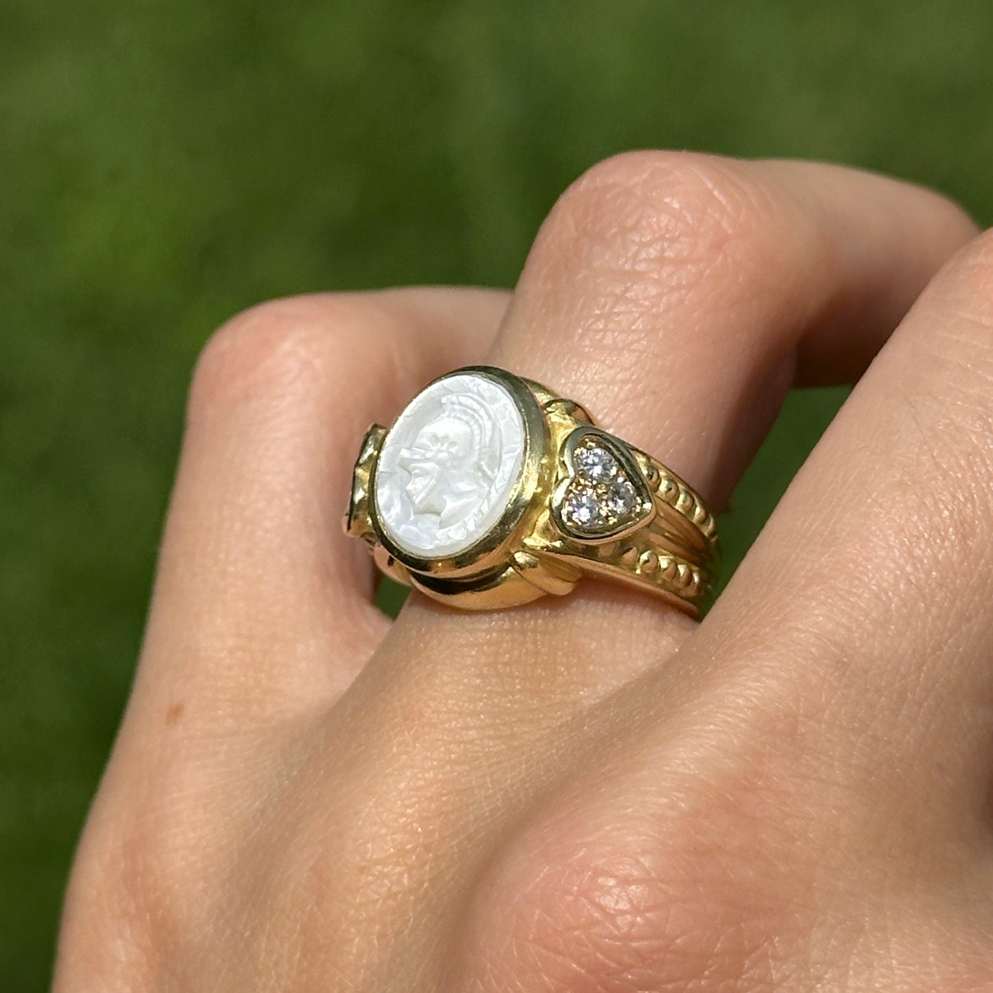 Estate Judith Ripka 18KT Yellow Gold Pearl Intaglio + Diamond Ring