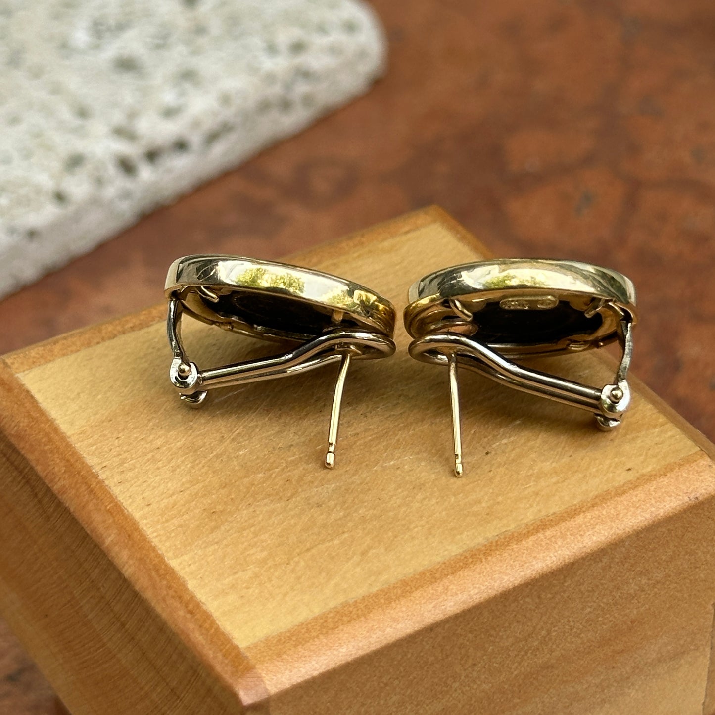 Estate 14KT Yellow Gold Copper Roman Coin Omega Back Earrings