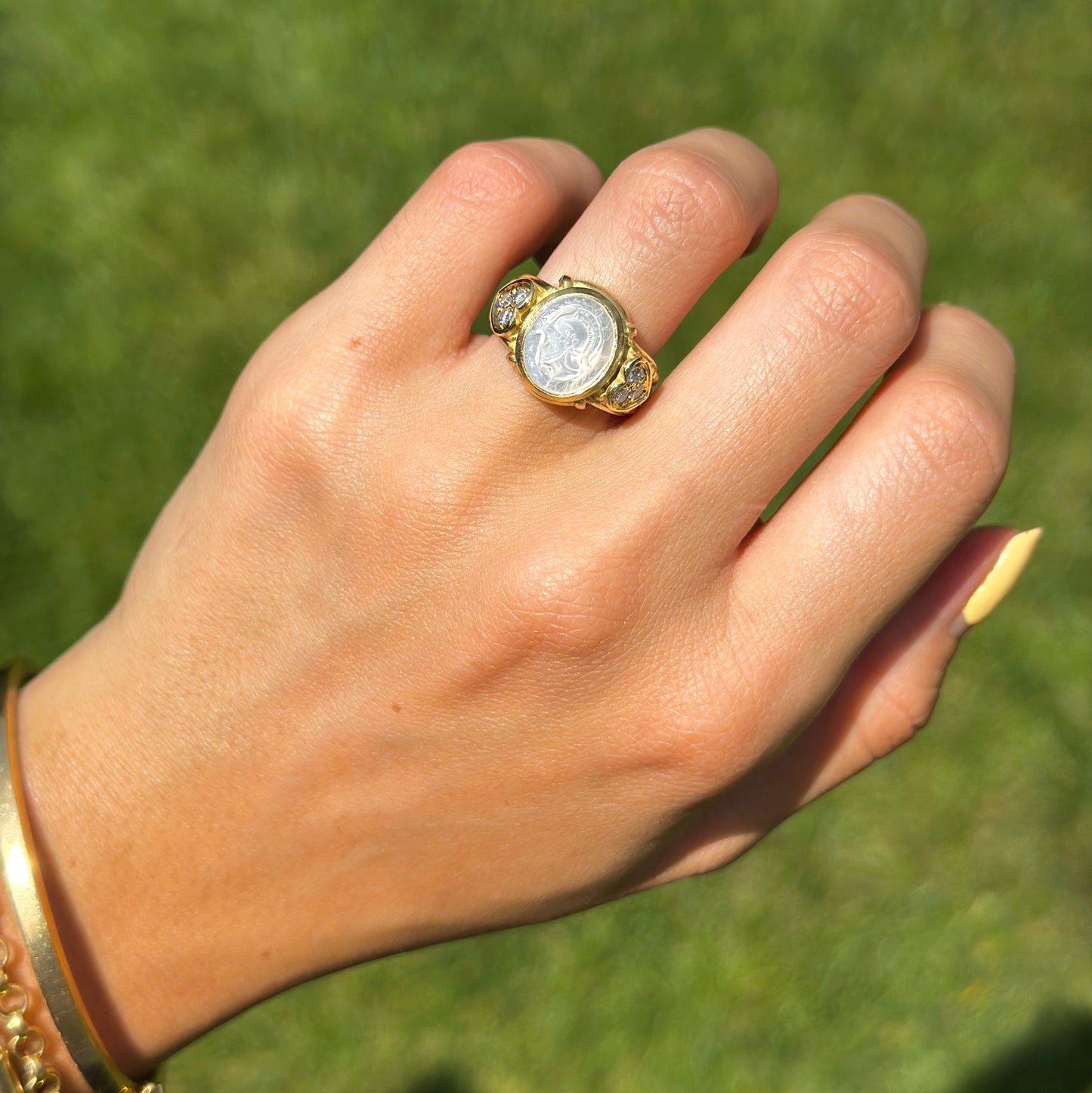 Estate Judith Ripka 18KT Yellow Gold Pearl Intaglio + Diamond Ring