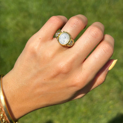 Estate Judith Ripka 18KT Yellow Gold Pearl Intaglio + Diamond Ring