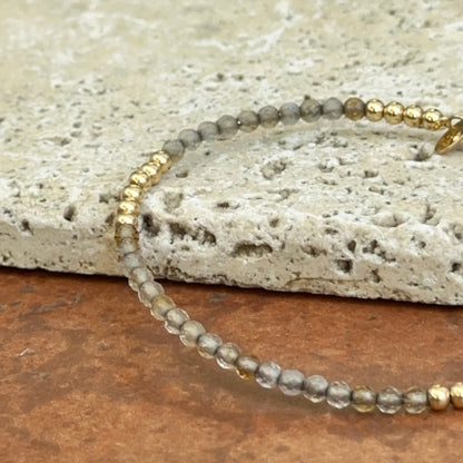 Estate 14KT Yellow Gold Clear Quartz + Gold Bead Bangle Bracelet