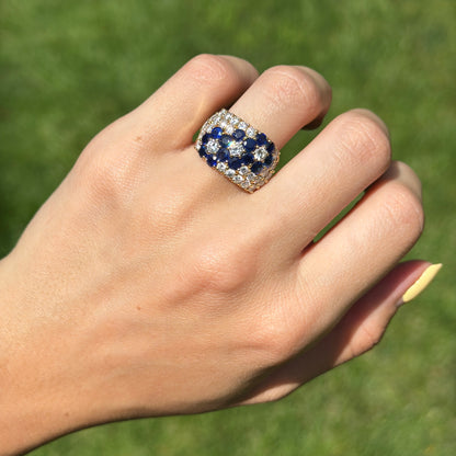 Estate 18KT Yellow Gold Blue Sapphire + Diamond Flower Band Ring