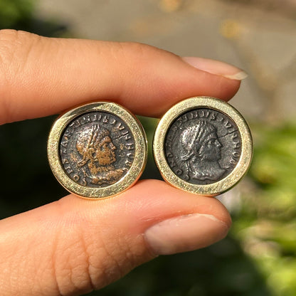 Estate 14KT Yellow Gold Copper Roman Coin Omega Back Earrings