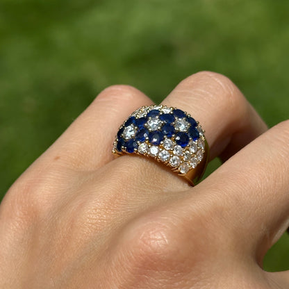 Estate 18KT Yellow Gold Blue Sapphire + Diamond Flower Band Ring