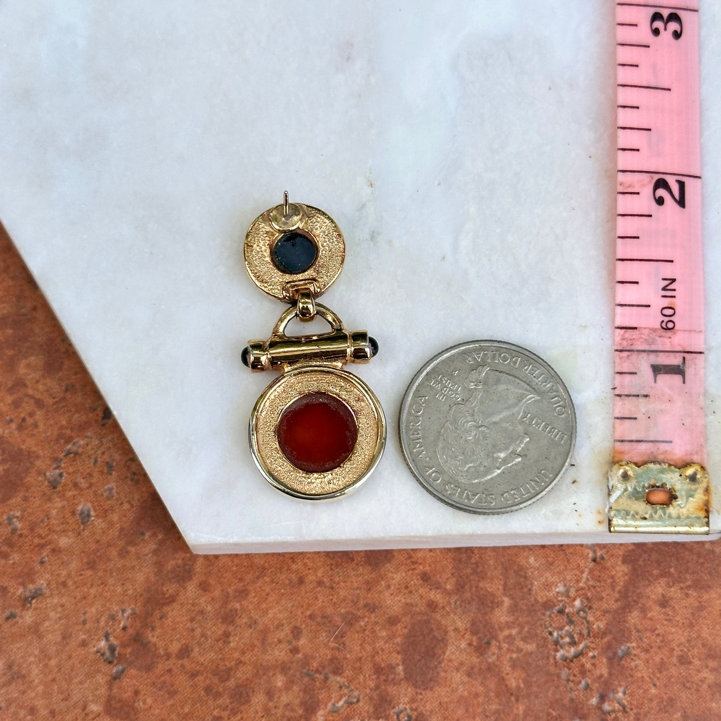 Estate Gold Tone Earrings + Replica Roman Intalio Carnelian and Black Onyx Coin